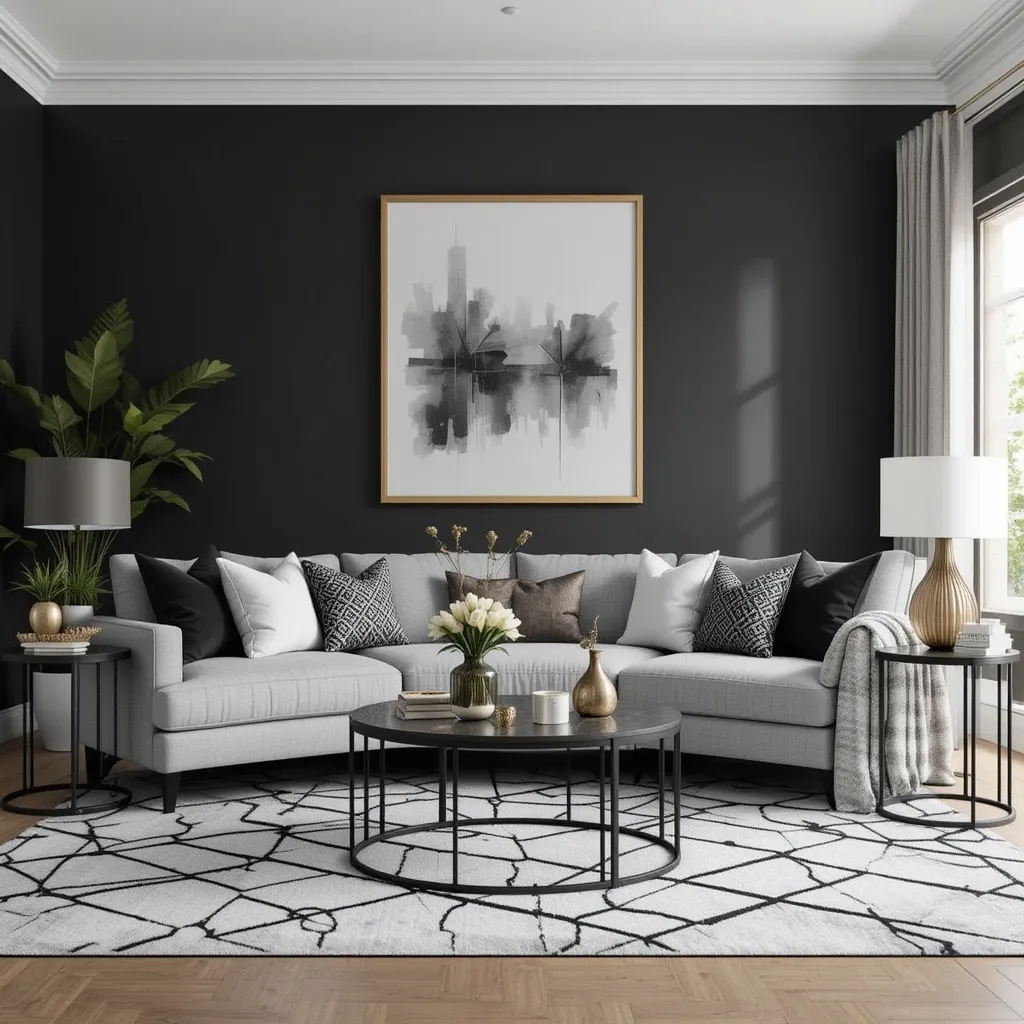 Gray Sectional with Black and Gold Accents