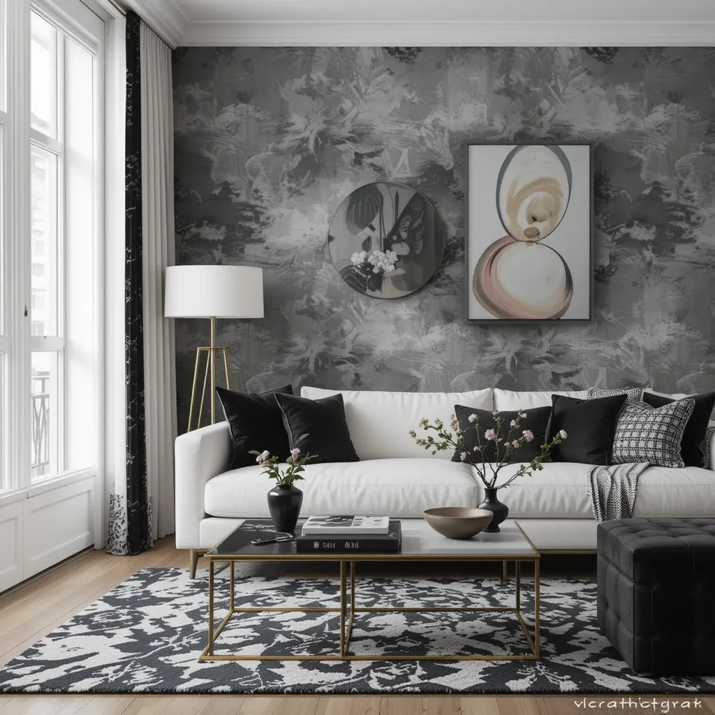 Gray Textured Wallpaper with Black and Gold Details