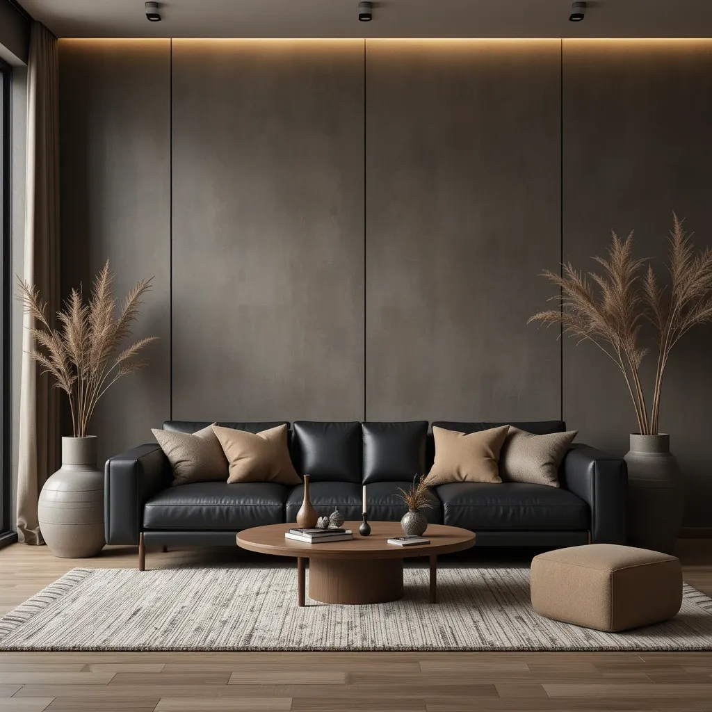 Grayish Brown Walls with Black Leather Sofa