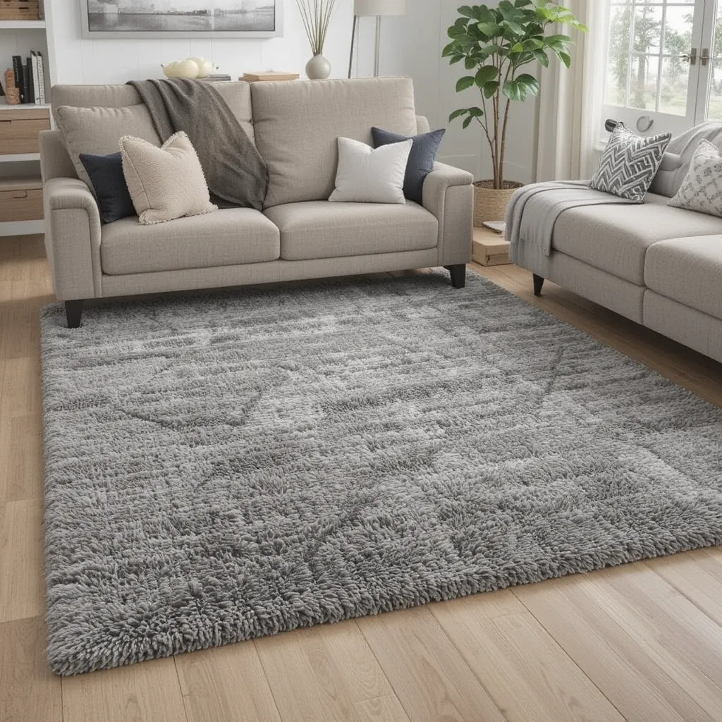Grey Area Rug on Beige Hardwood Floors