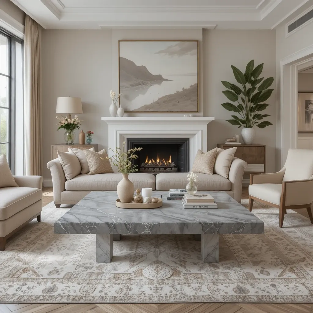 Grey Marble Coffee Table with Beige Features