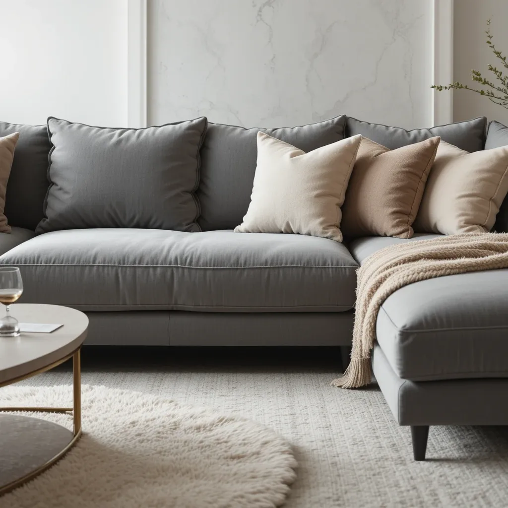 Grey Sectional Sofa with Beige Pillows and Throws
