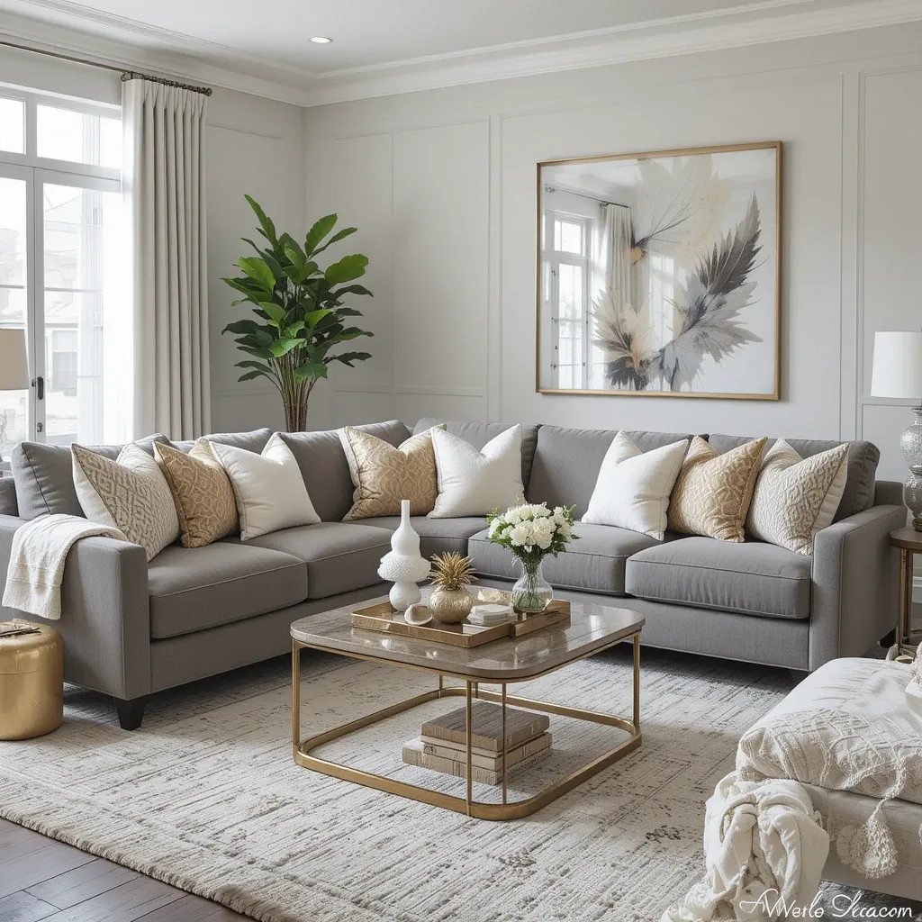 Grey Sectional with White and Gold Throw Pillows