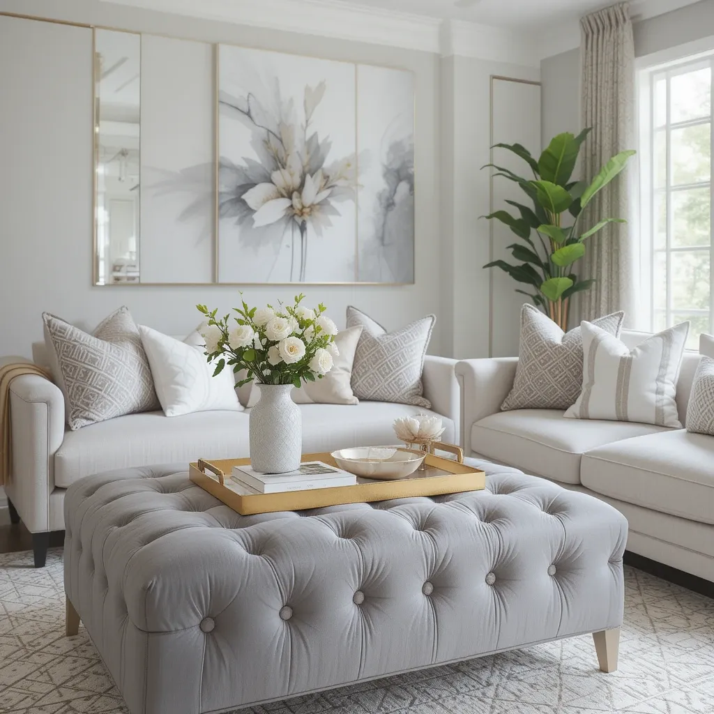 Grey Tufted Ottoman with Gold Tray and White Accents