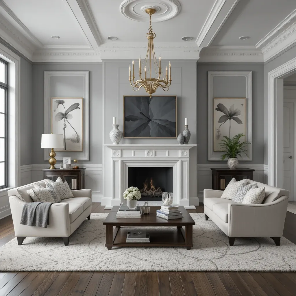 Grey Walls with White Crown Molding and Gold Pendant Lights