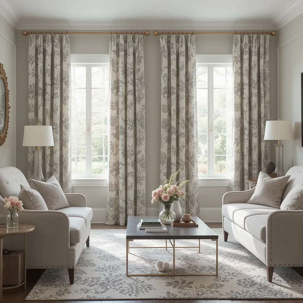 Grey and Beige Floral Patterned Curtains