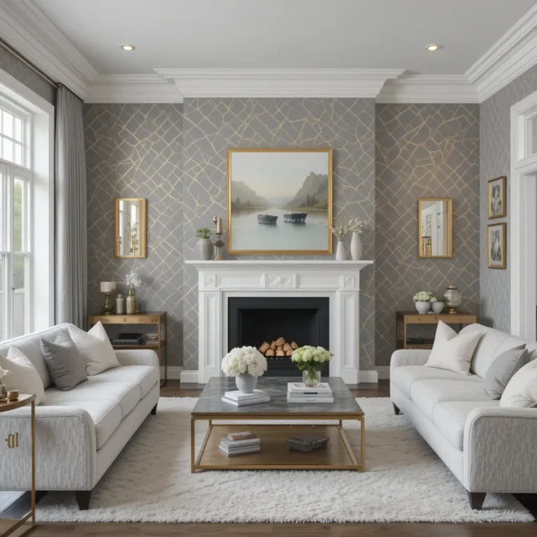 Grey and Gold Geometric Wallpaper with White Trim