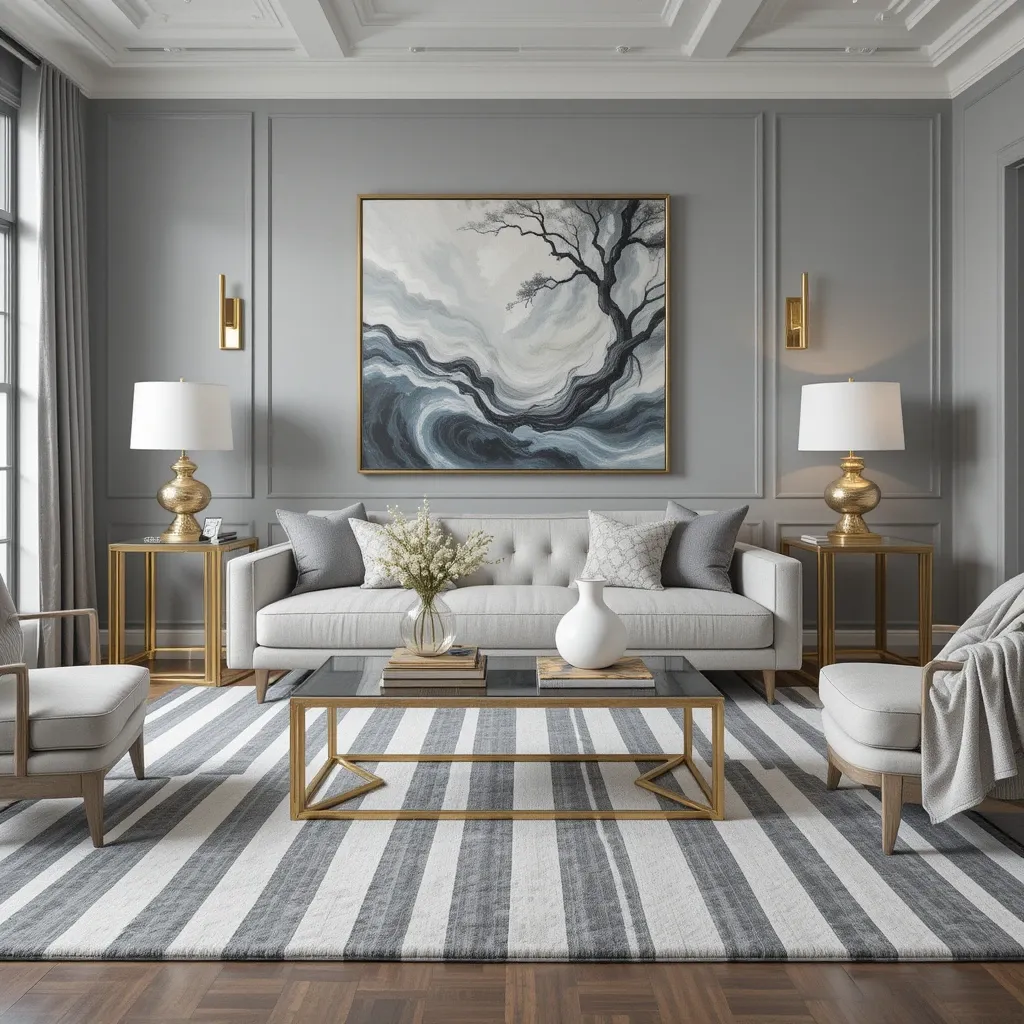 Grey and White Striped Area Rug with Gold Decor