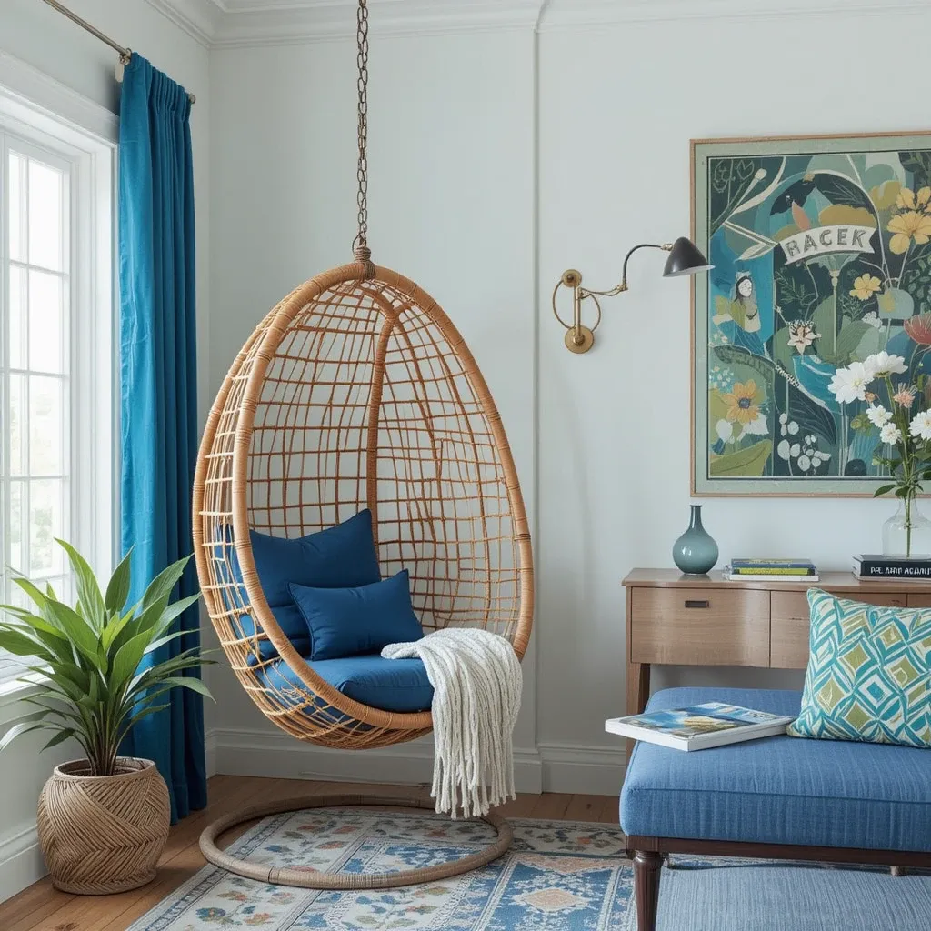 Hanging Rattan Egg Chair with Blue Cushions