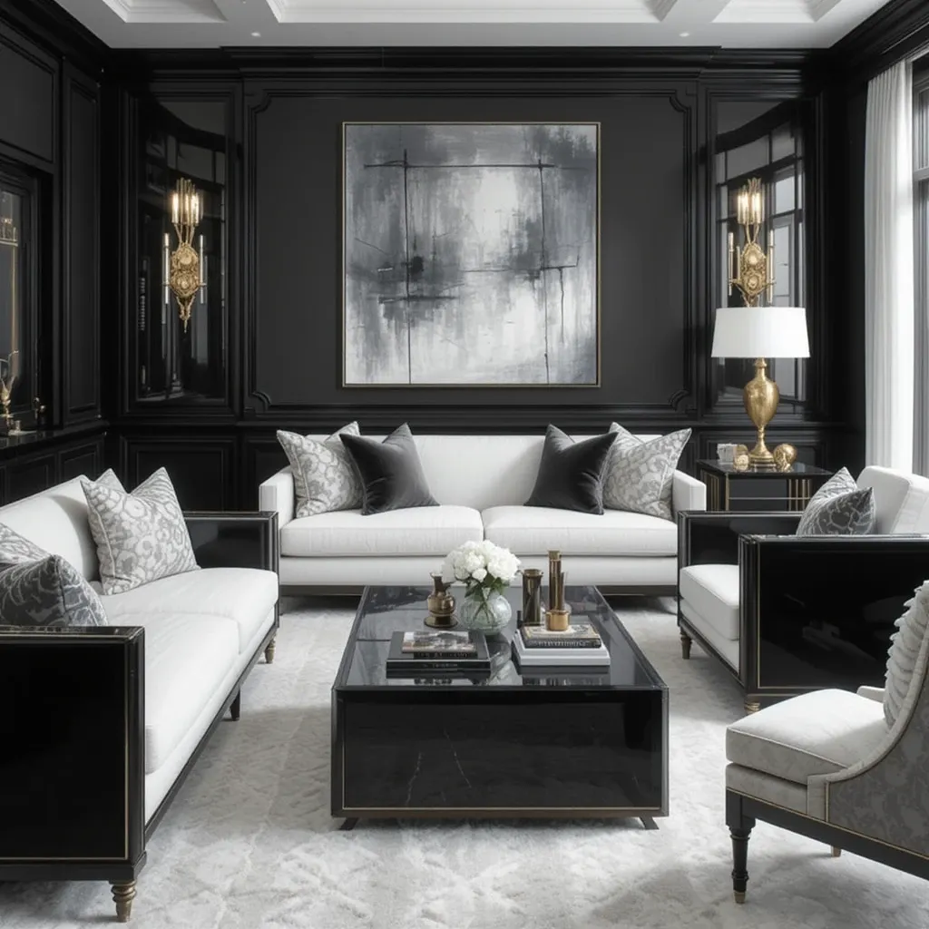 High-Gloss Black Furniture with White Upholstery