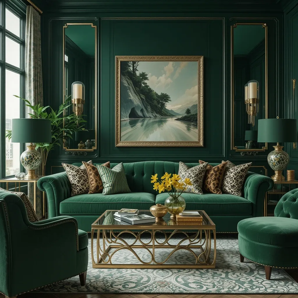 Hollywood Regency with a Green Velvet Sofa