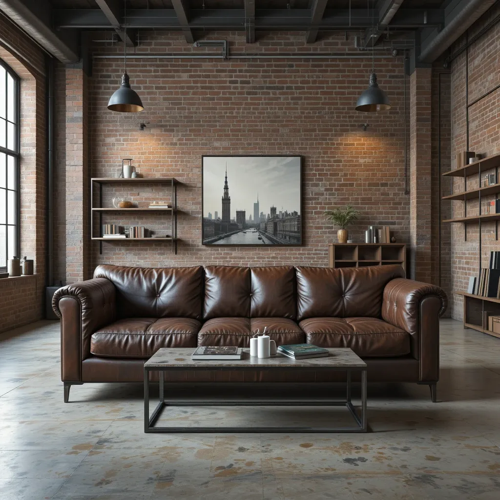 Industrial Chic Leather Sofa in a Loft-Style Living Room