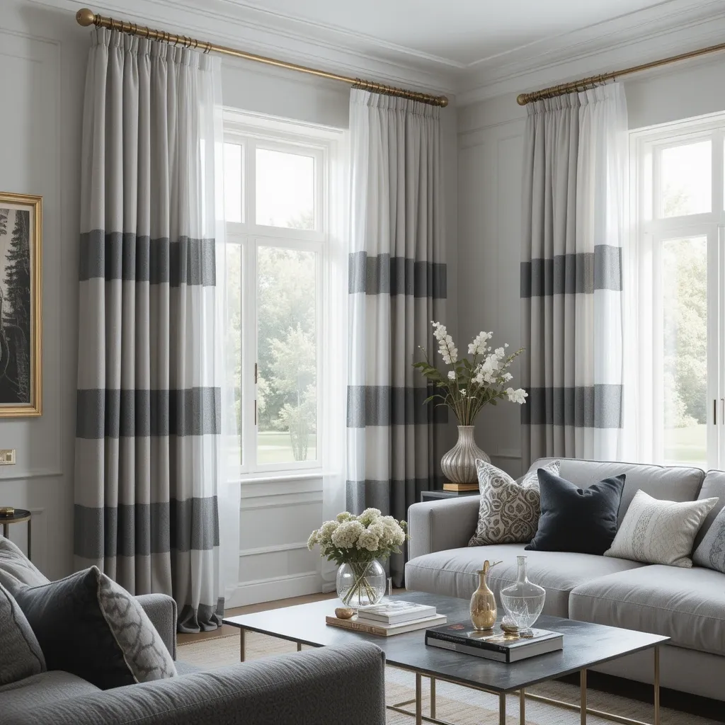Layered Gray and White Curtains with Gold Rods