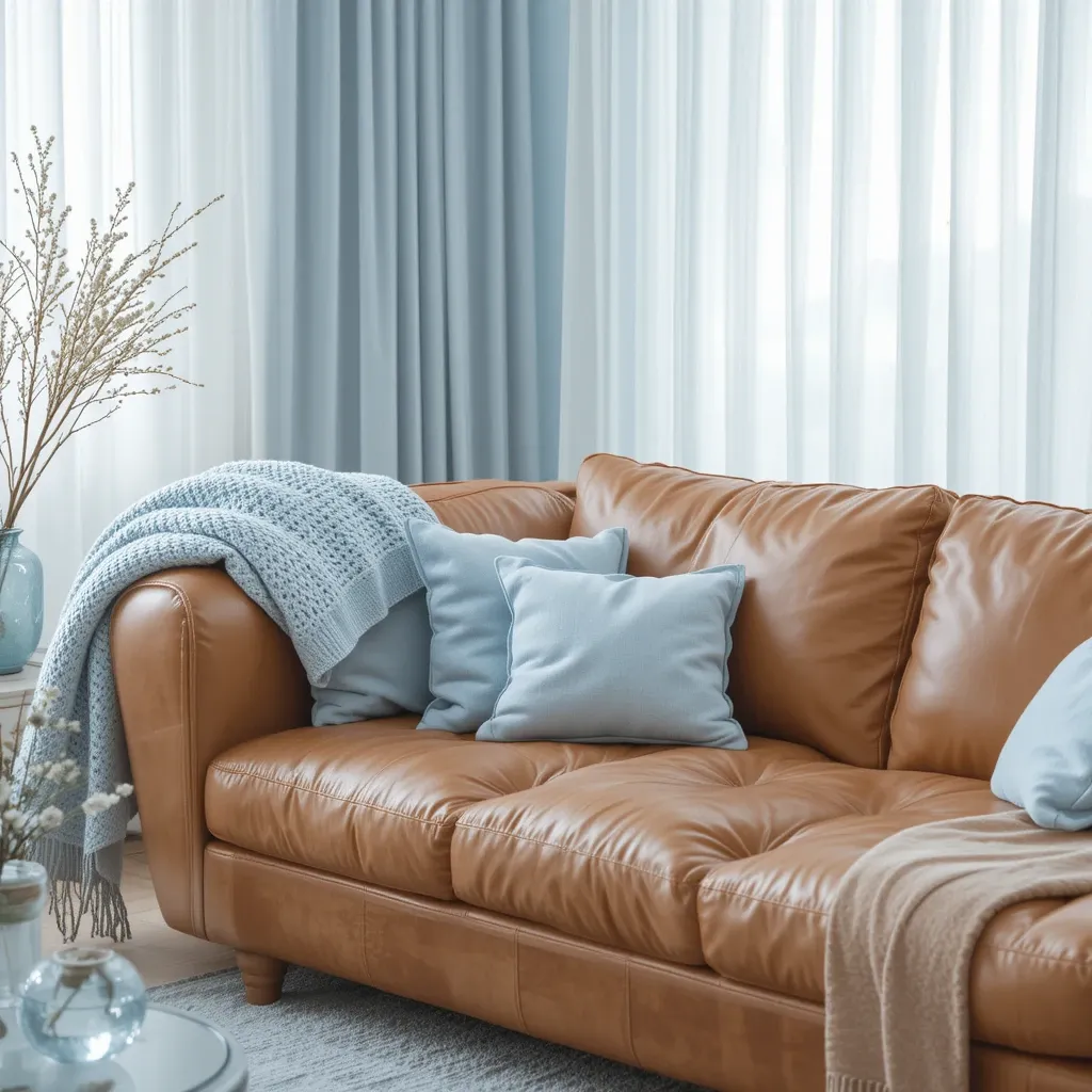 Leather Couch with Soft Blue Accessories