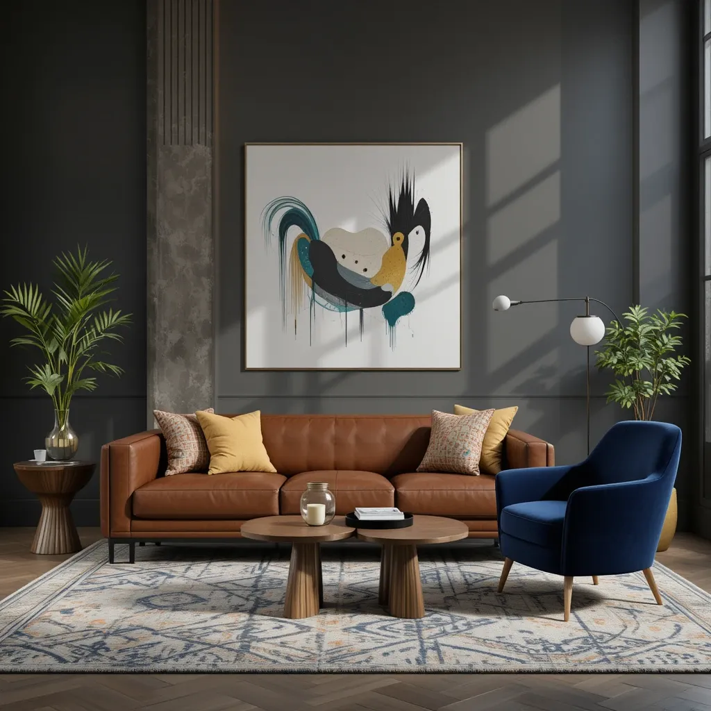 Leather Sofa with Accent Chairs in Contrasting Shades