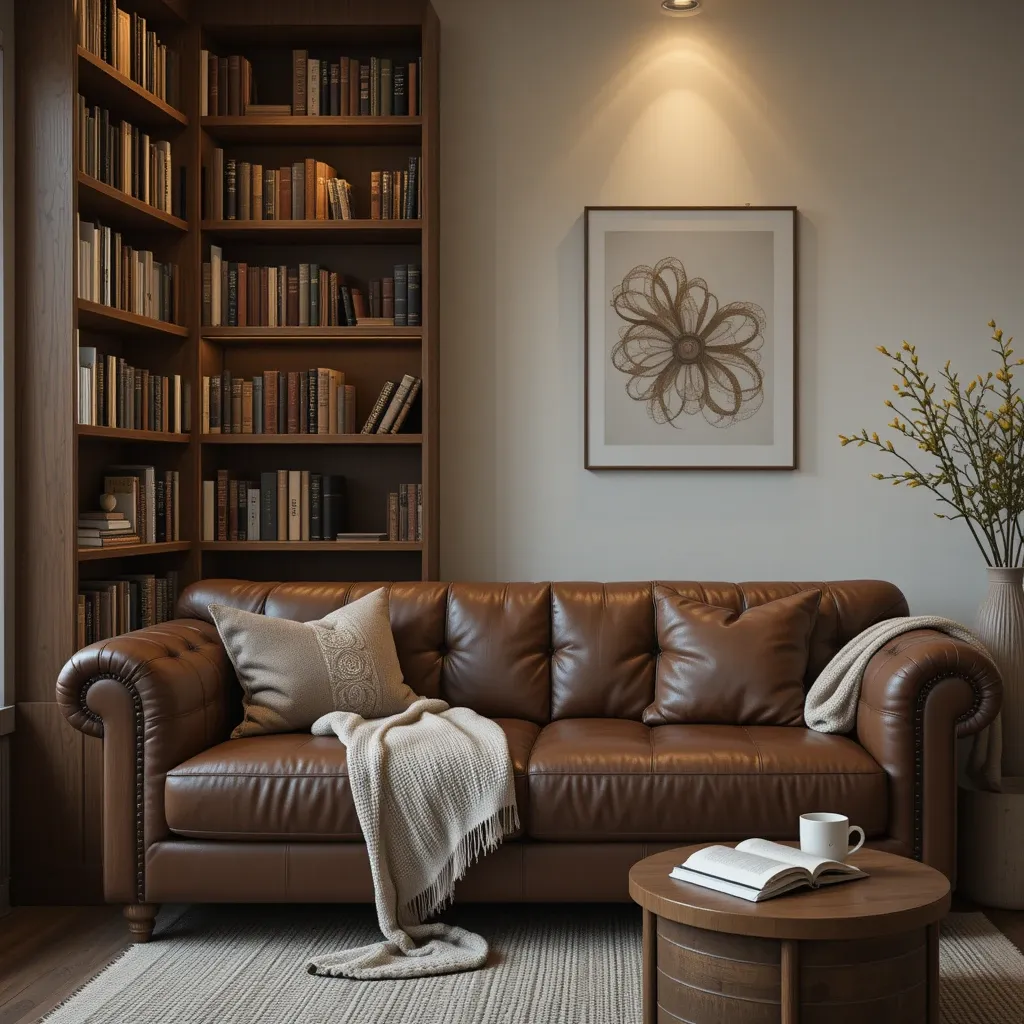 Leather Sofa with a Cozy Reading Nook