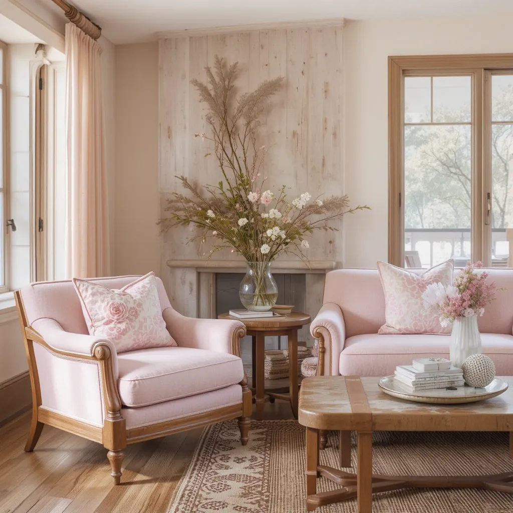 Light Pink Upholstery with Wooden Accents