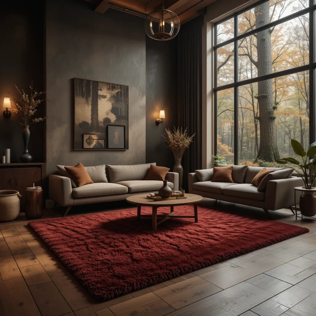 Maroon Rugs with Dark Wood Flooring