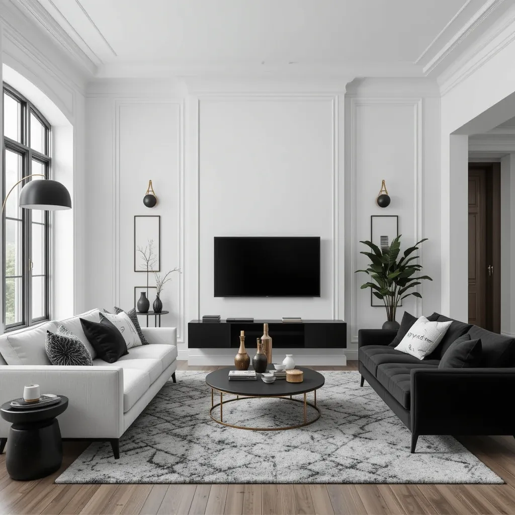 Minimalist White Walls with Black and Gold Highlights