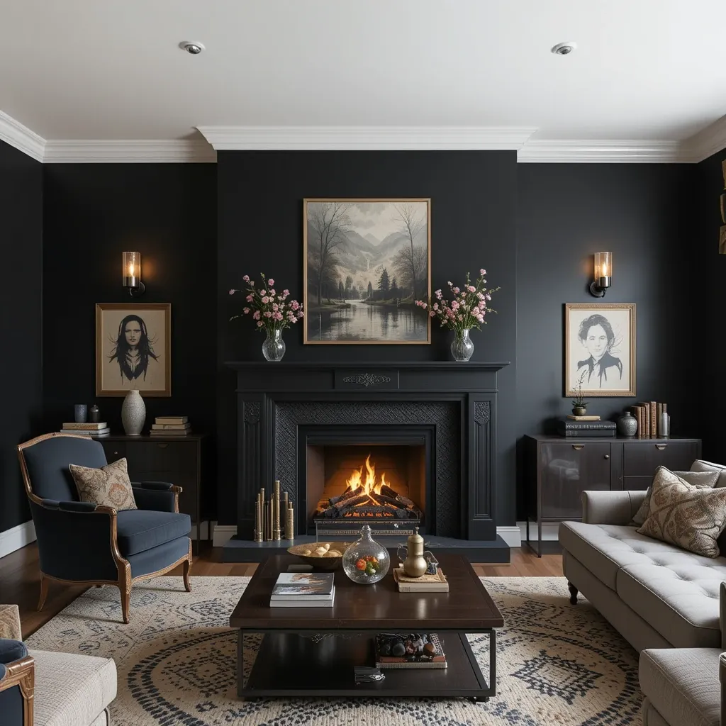 Moody Black with Fireplace Centerpiece