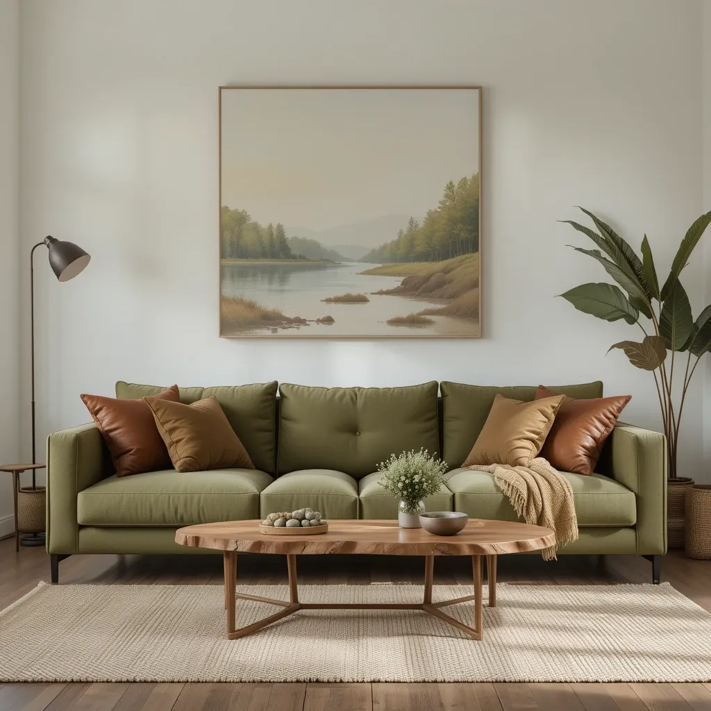 Moss Green Sofa with Brown Leather Pillows
