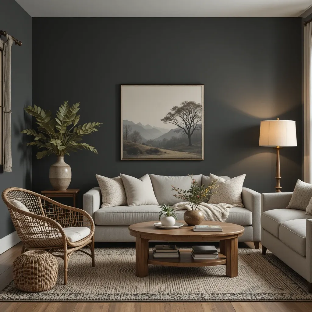 Muted Charcoal Walls with Wooden Accent Table