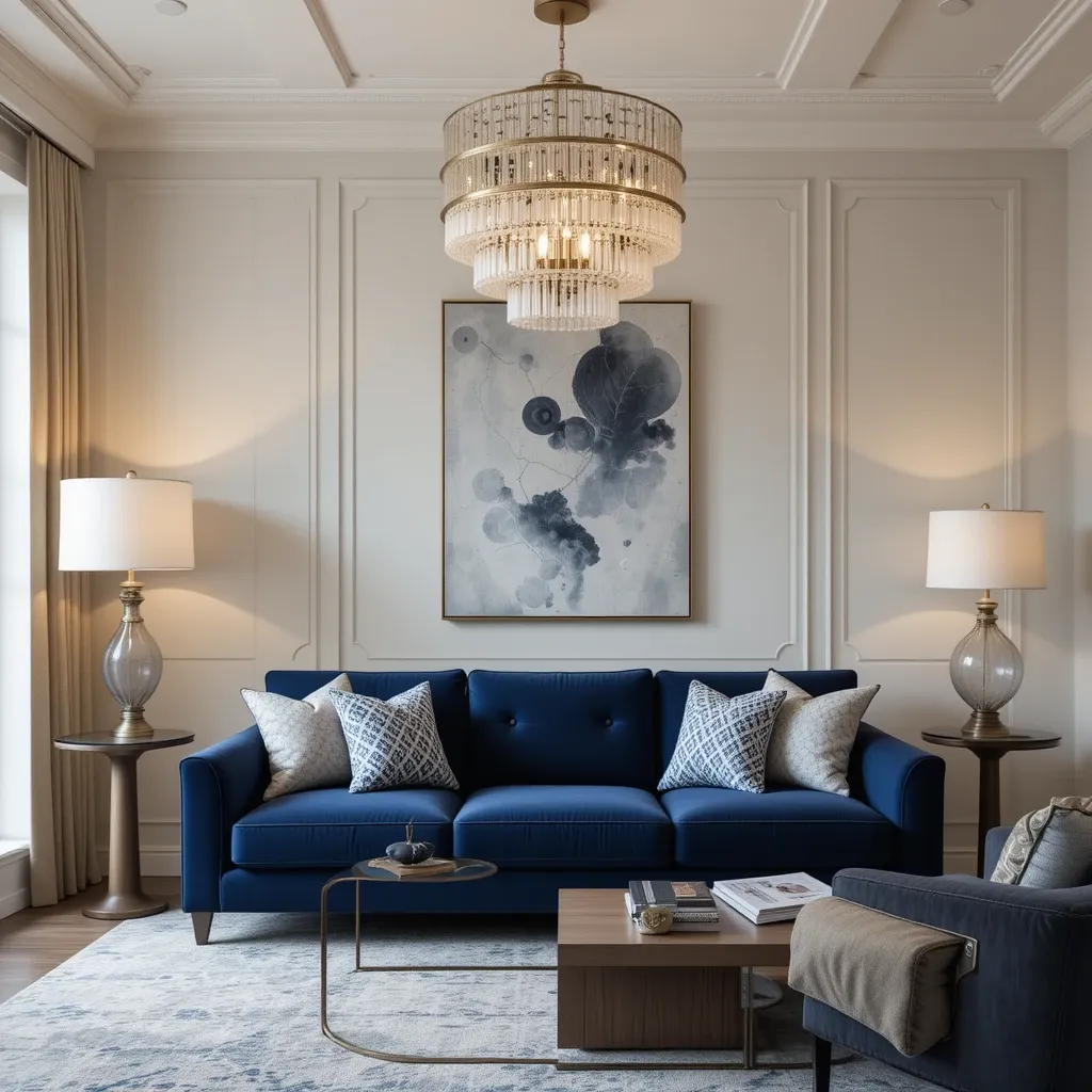 Navy Blue Sofa with Statement Lighting