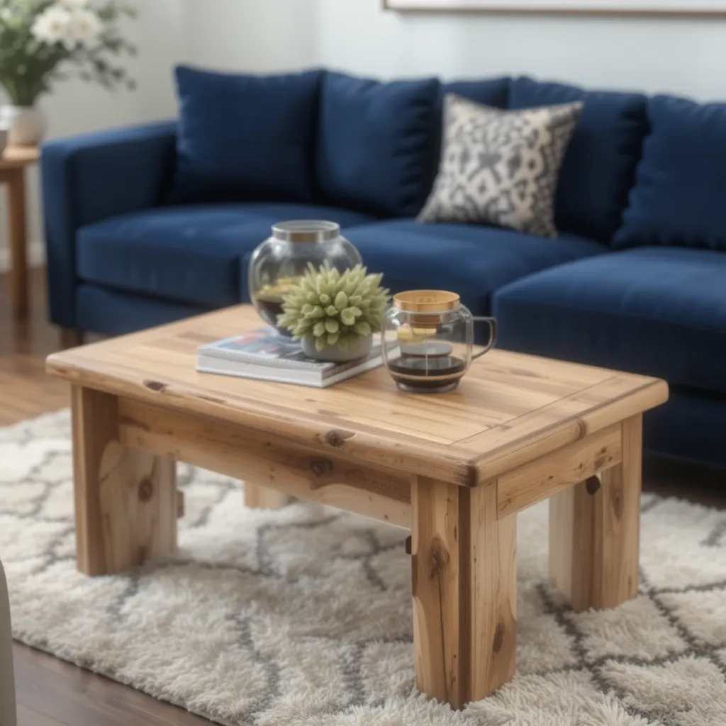 Navy Blue Sofa with Wood Coffee Table