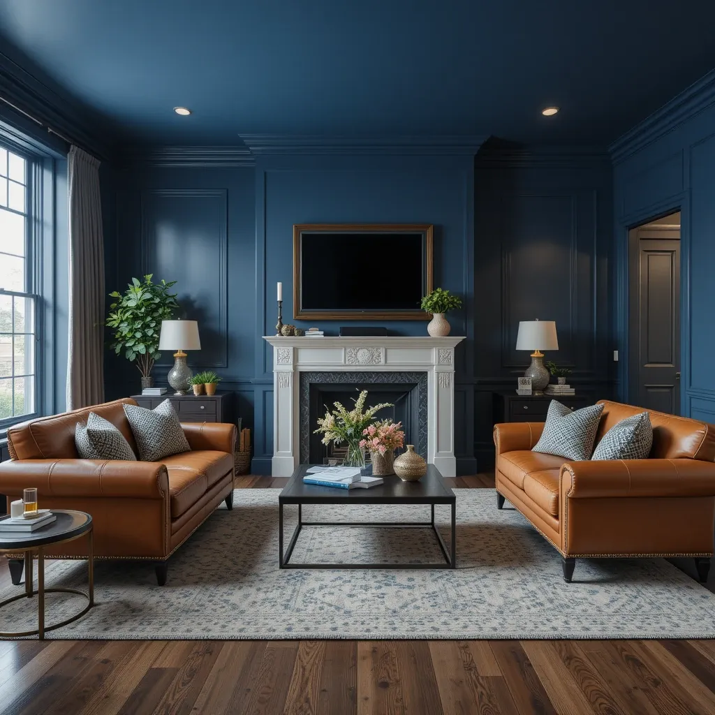 Navy Blue with Tan Leather Furniture