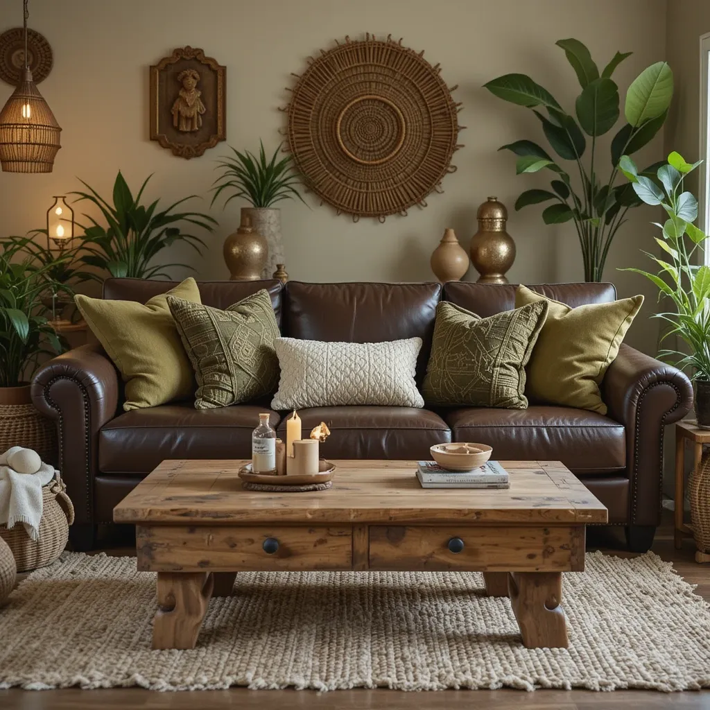 Olive Green Throw Pillows with Dark Leather Sofa