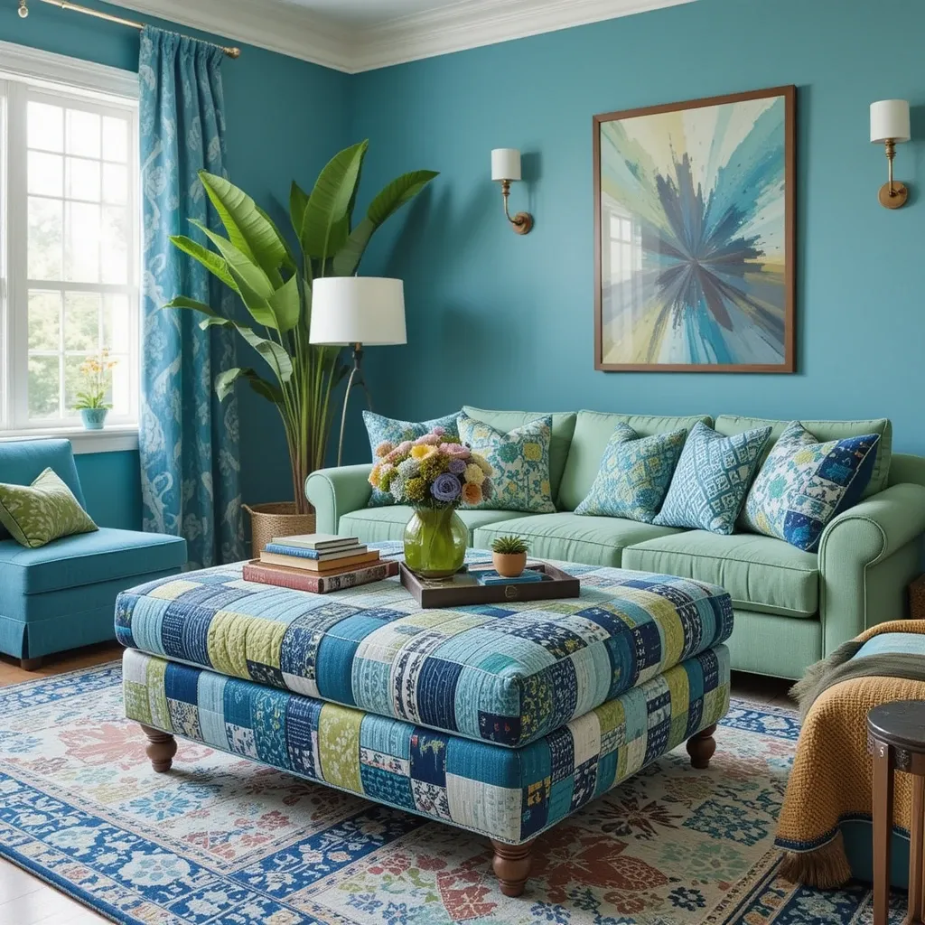 Patchwork Ottoman in Cool Hues
