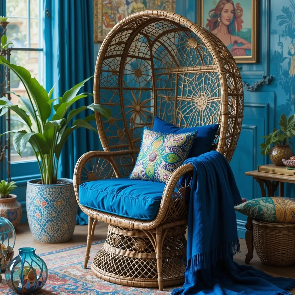 Peacock Chair with Blue Cushions