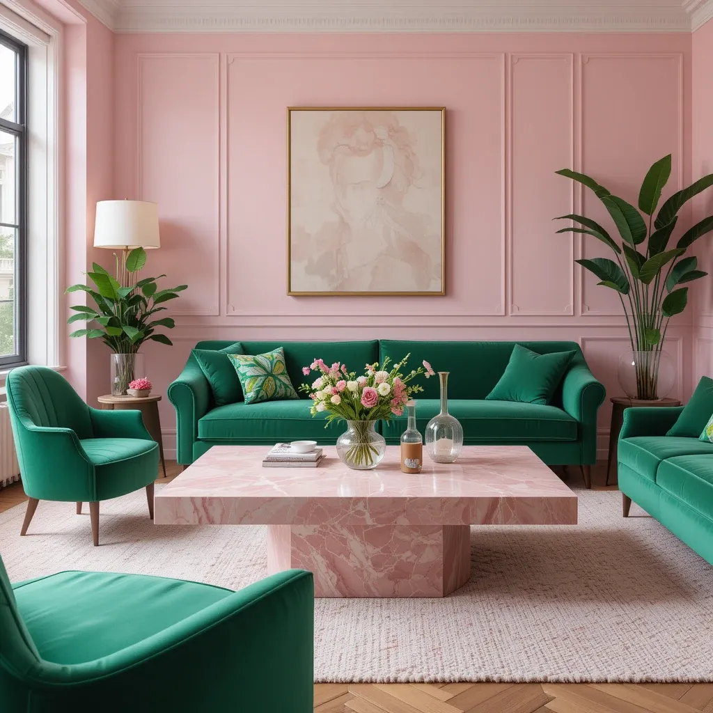 Pink Marble Coffee Table with Green Seating