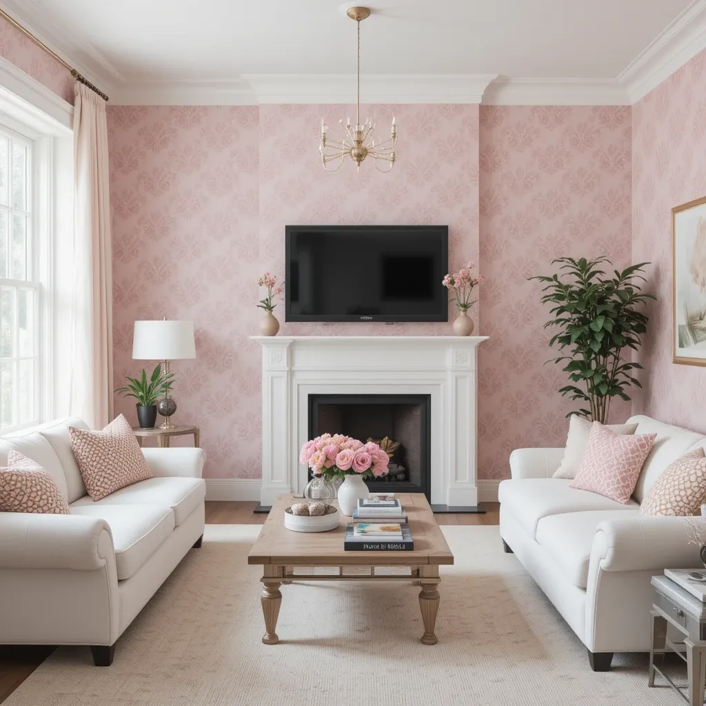 Pink Patterned Wallpaper with White Furniture