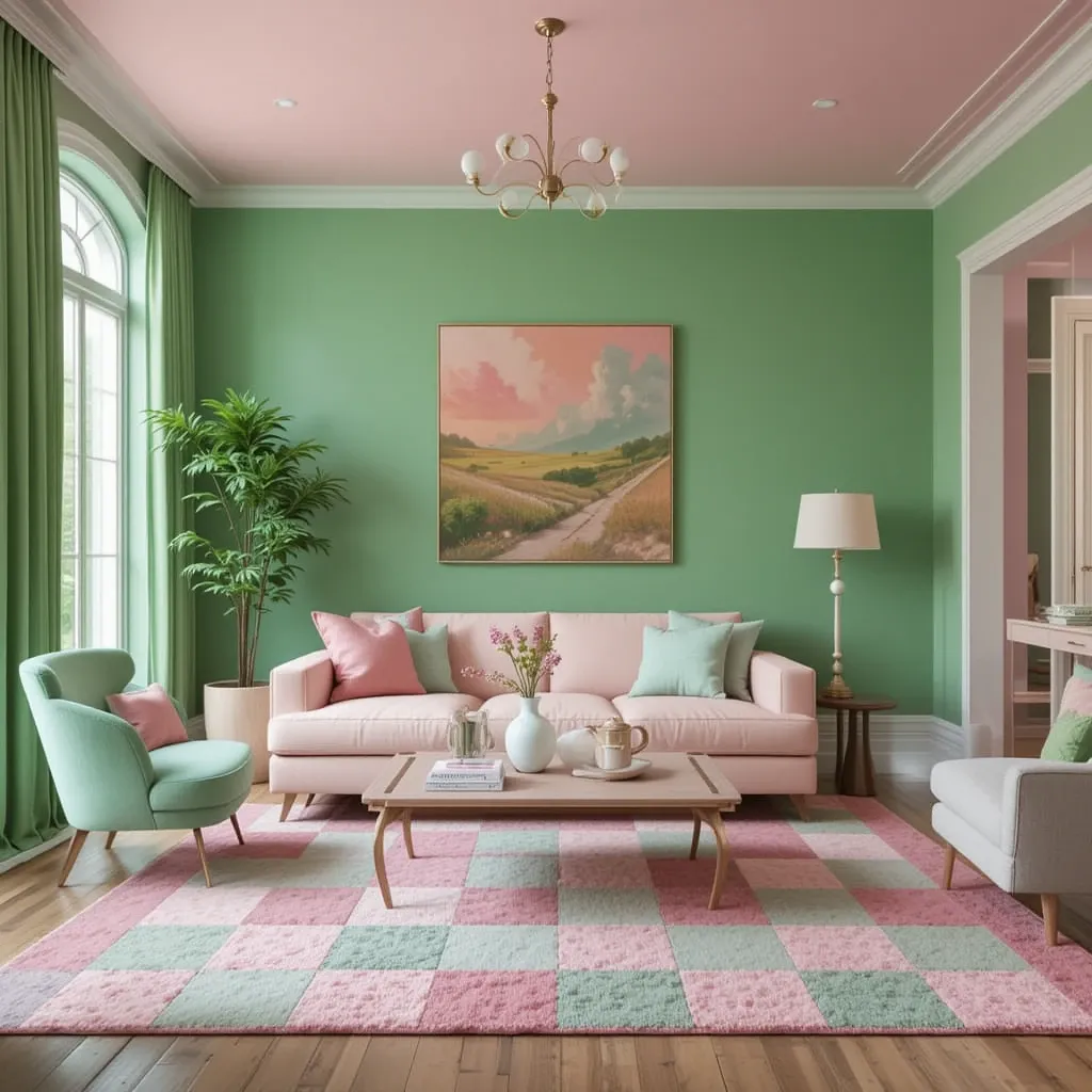 Pink and Green Checkerboard Rug
