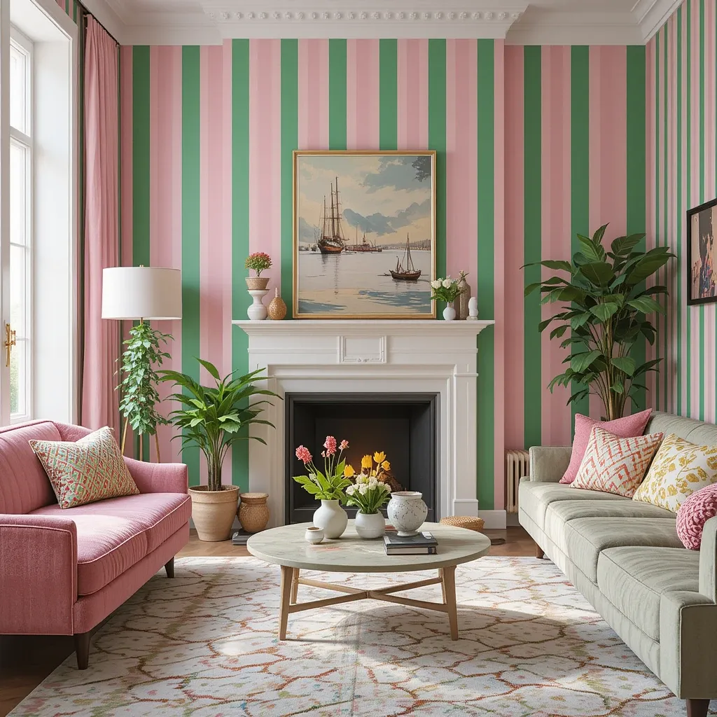 Pink and Green Striped Wallpaper