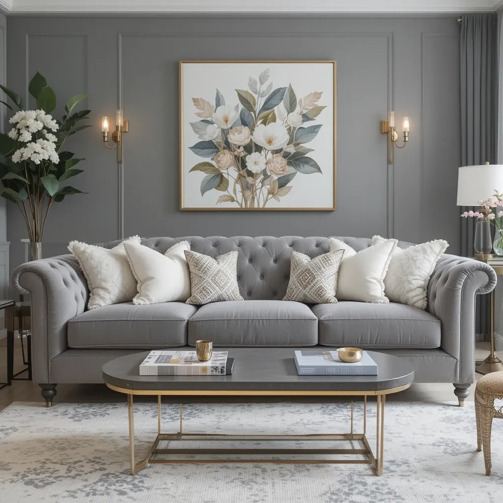 Plush Grey Velvet Sofa with Gold Legs