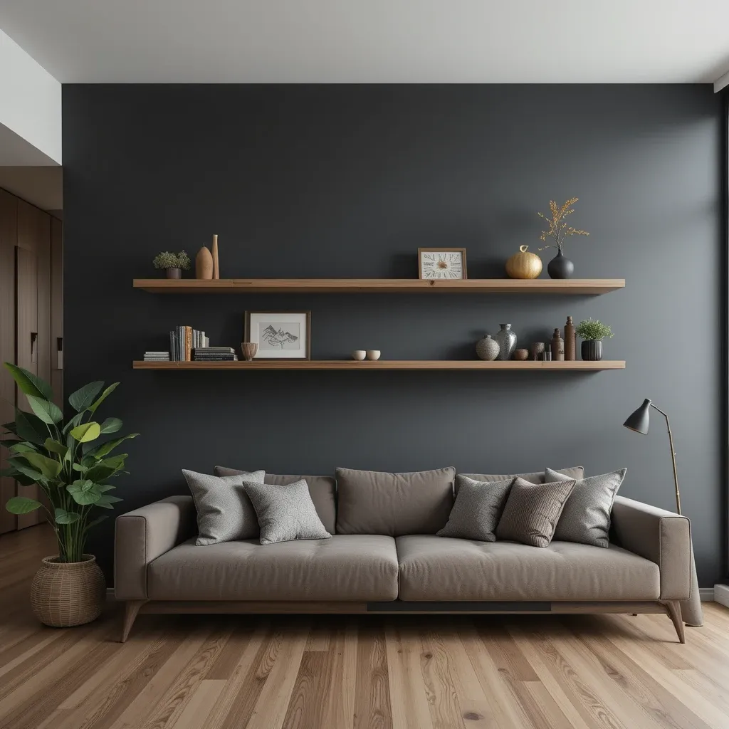 Rich Charcoal Gray Walls with Floating Wooden Shelves