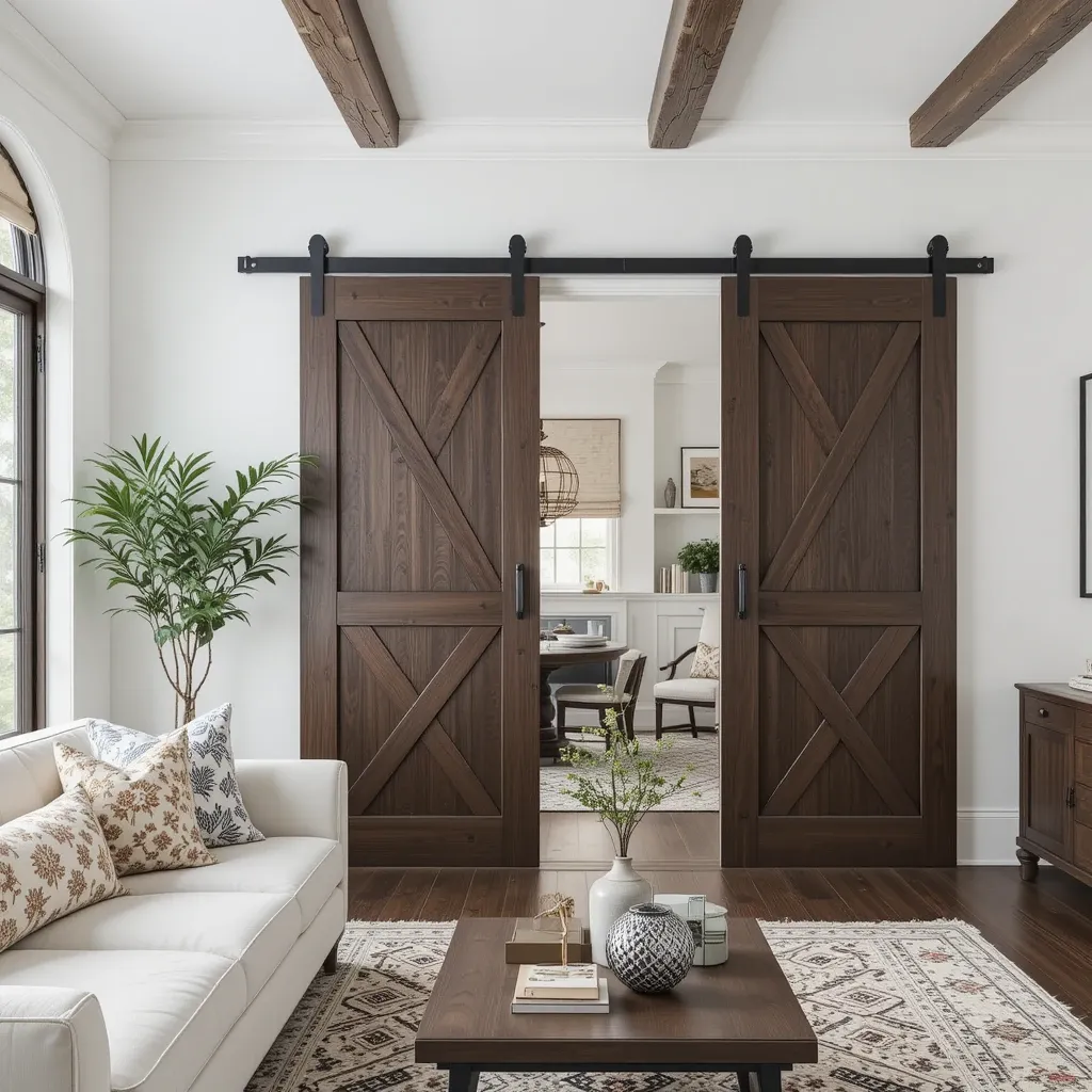 Rustic Barn Doors in Deep Brown Against White Walls