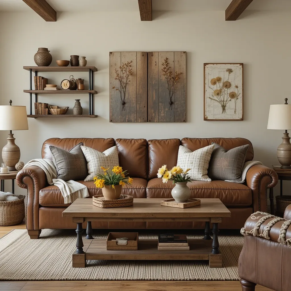Rustic Leather Couch with Farmhouse Décor