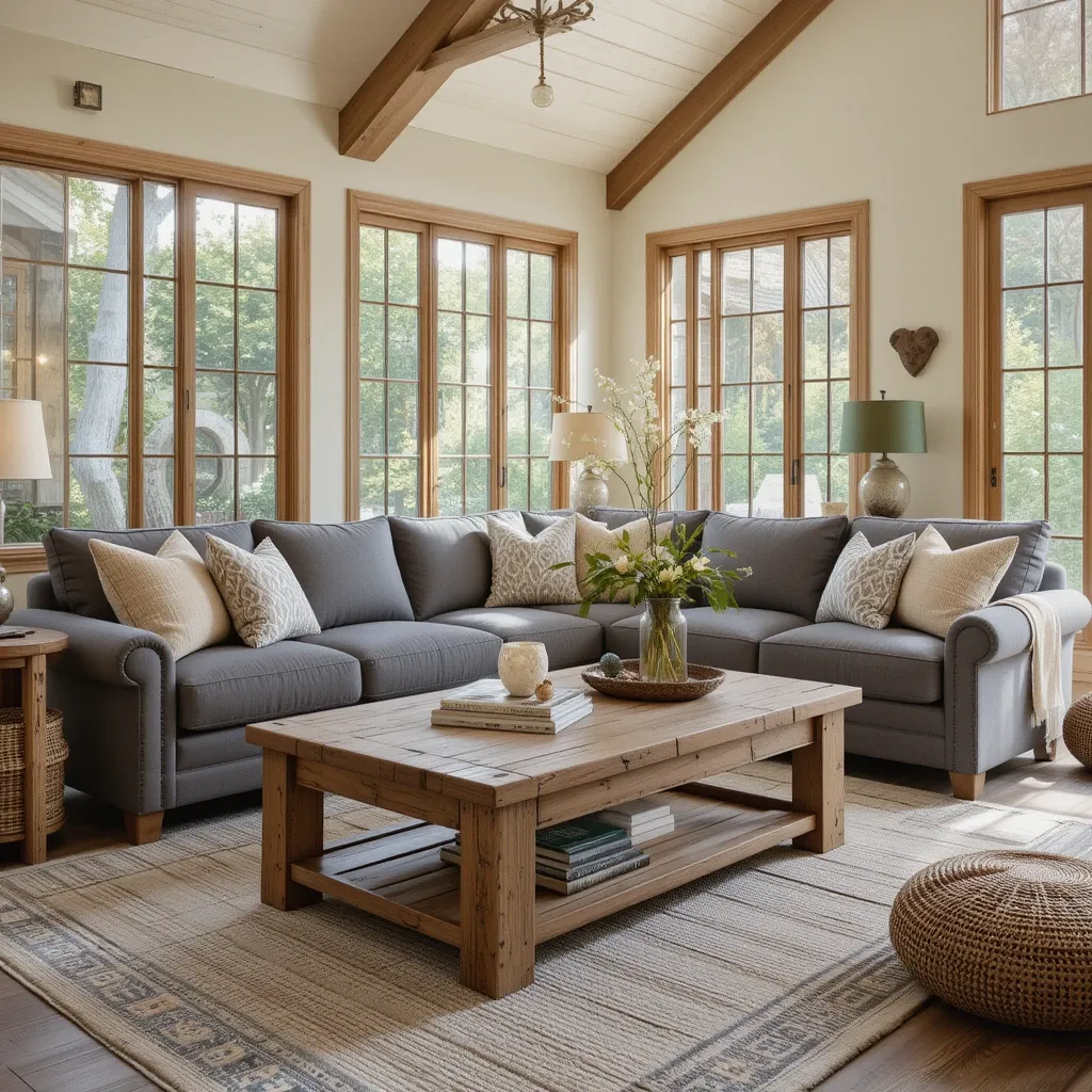 Rustic Wood Coffee Table with Slate Gray Couch