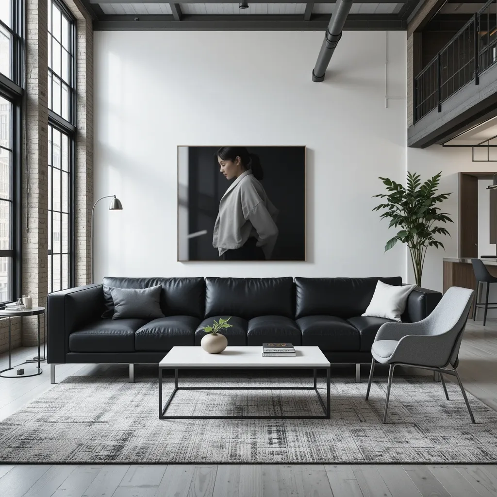 Sleek Black Leather Couch in a Contemporary Loft