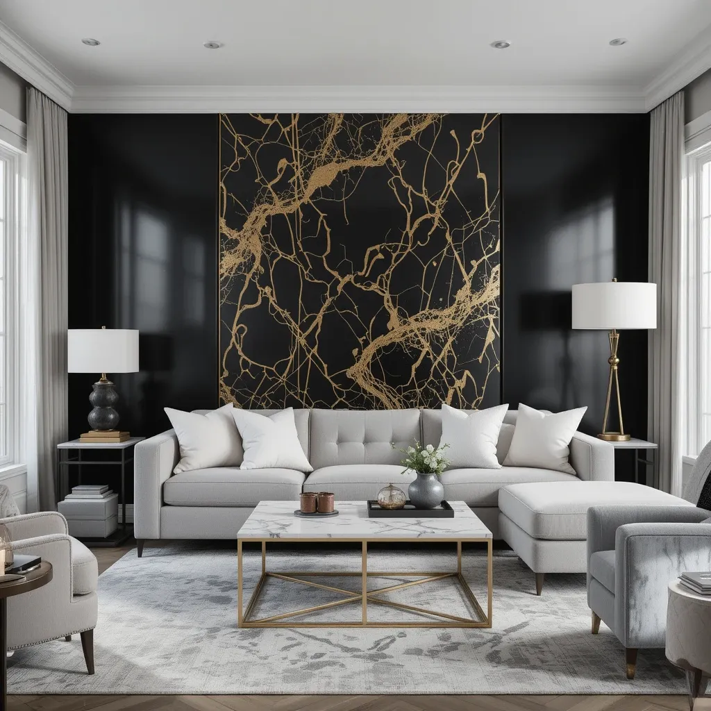 Soft Gray Sectional with a Gold and Black Accent Wall