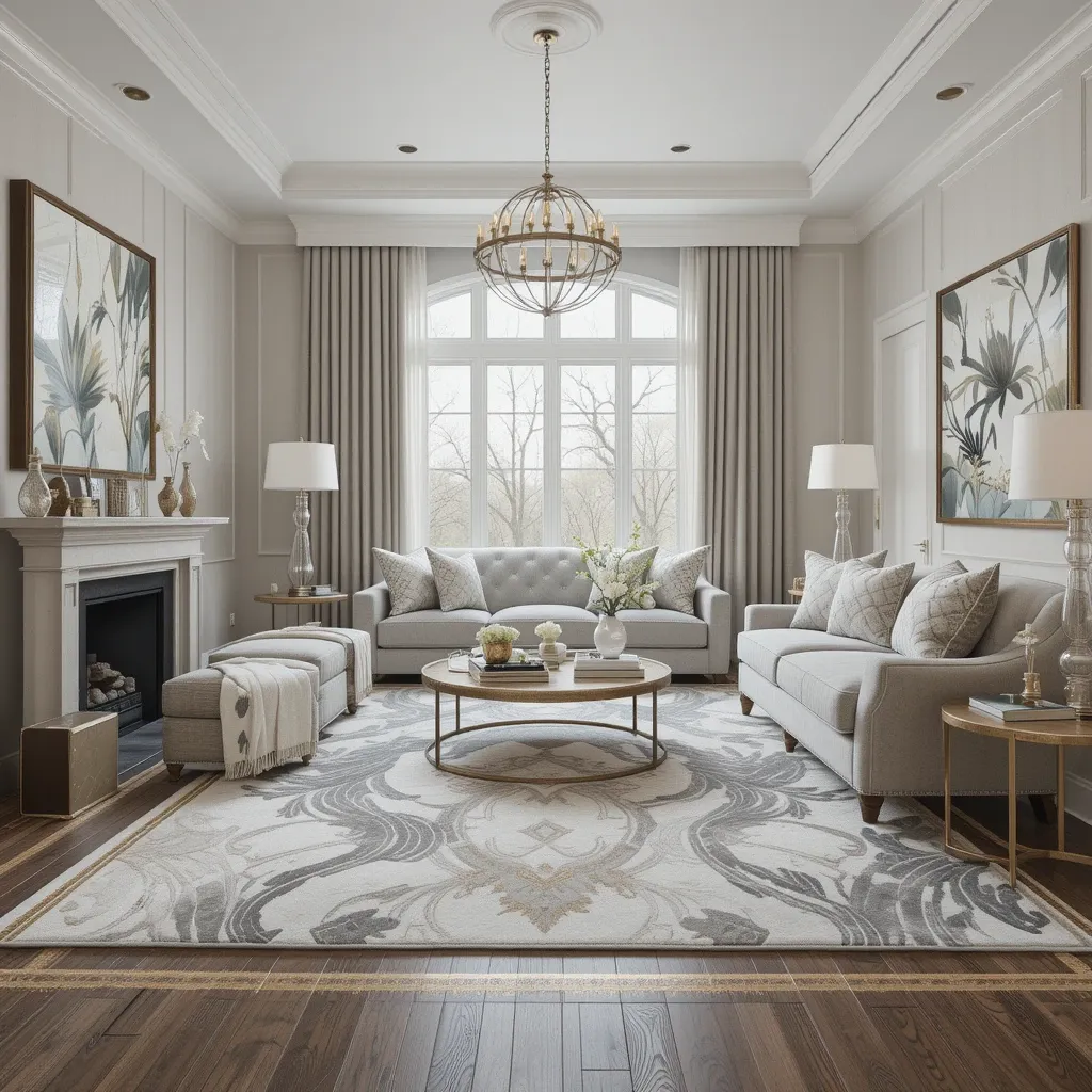 Soft Grey Area Rug with White and Gold Details