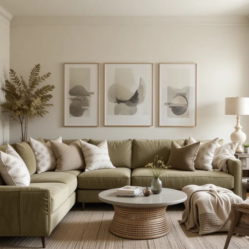 Soft Neutrals with an Olive Green Couch
