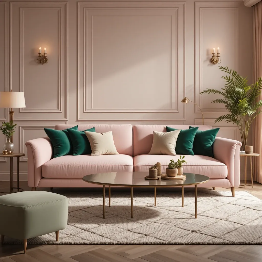 Soft Pink Sofa with Green Cushions