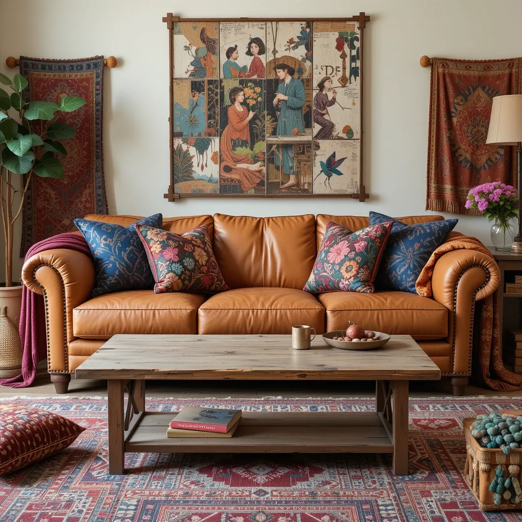 Tan Leather Sofa in a Bohemian Living Room