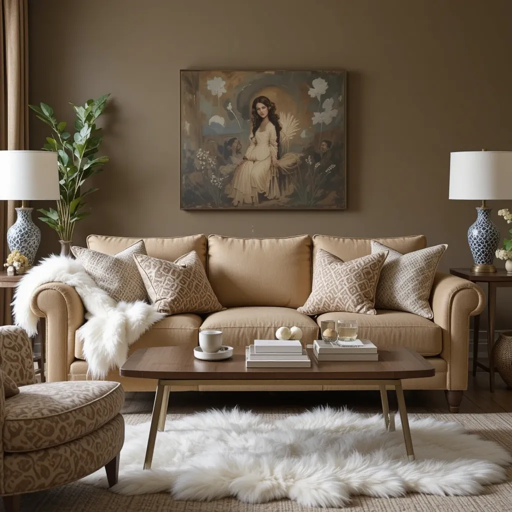 Tan Linen Sofa with White Sheepskin Throw