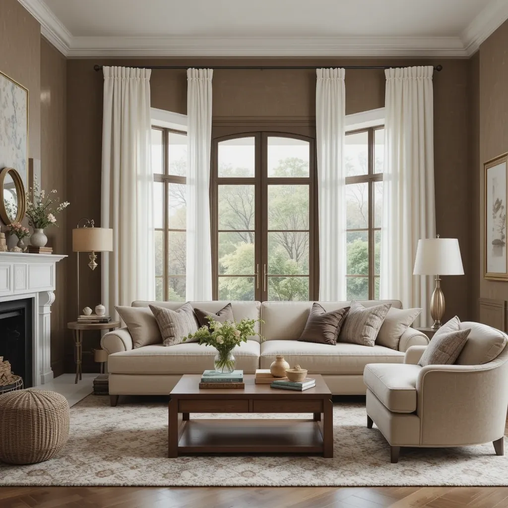 Taupe Textured Walls with White Linen Drapes