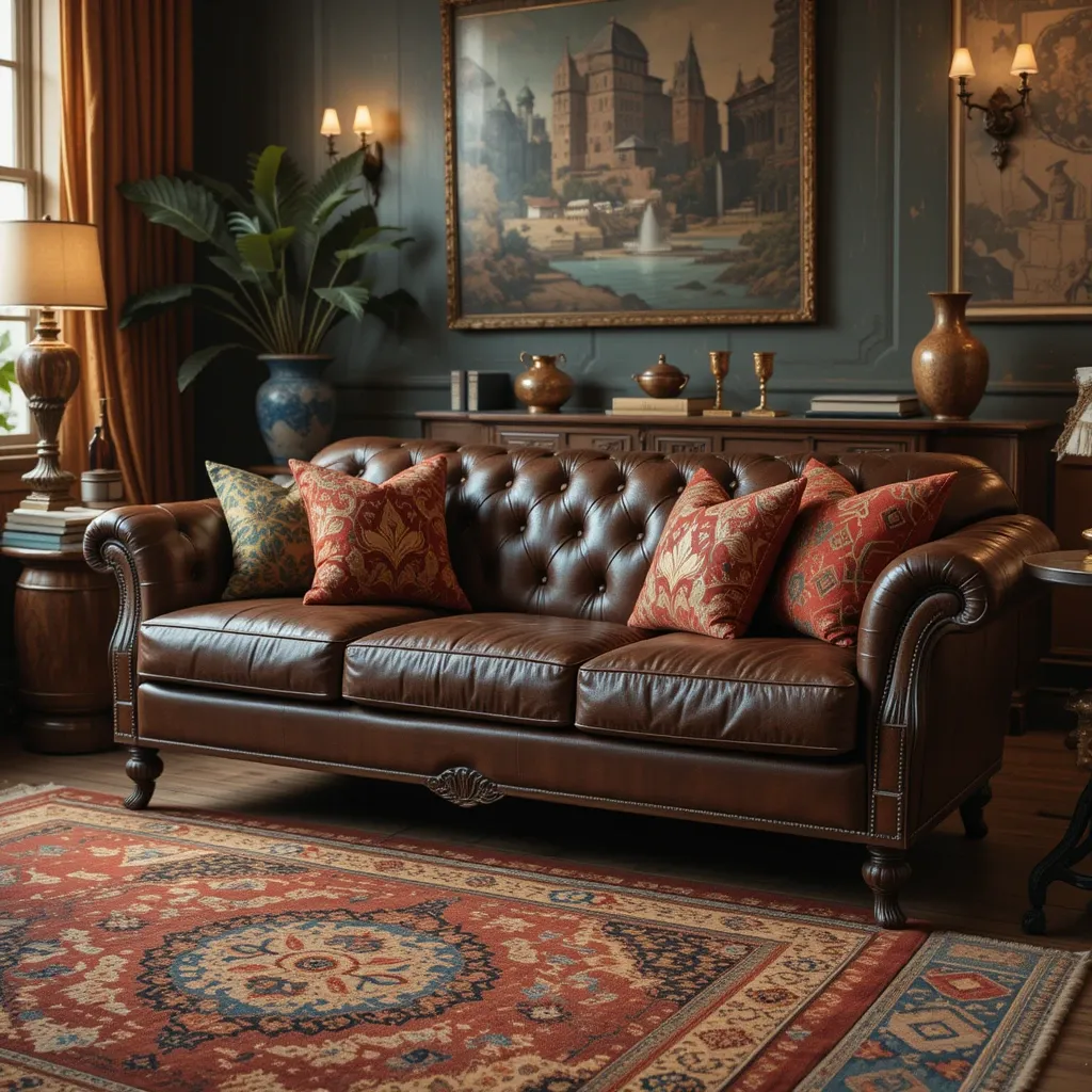 Vintage Leather Couch in a Retro Living Room